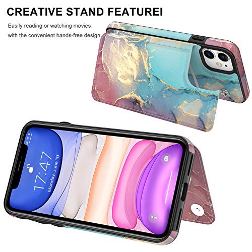 Leto Iphone 11 Case,Luxury Flip Folio Leather Wallet Case Cover With Fashion Floral Designs For Girls Women,Built-In Card Slots,Protective Phone Case For Iphone 11 6.1" Opal Marble Blue Purple #TOP3