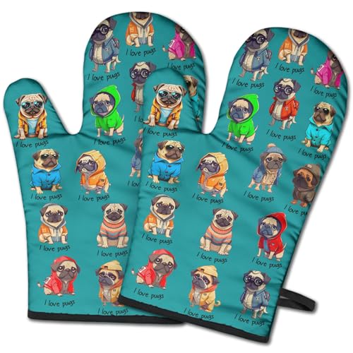 Pug Oven Mitts for Dog Lover,Heat Resistant Kitchen Gloves for Cooking Cooking, Grilling,Baking