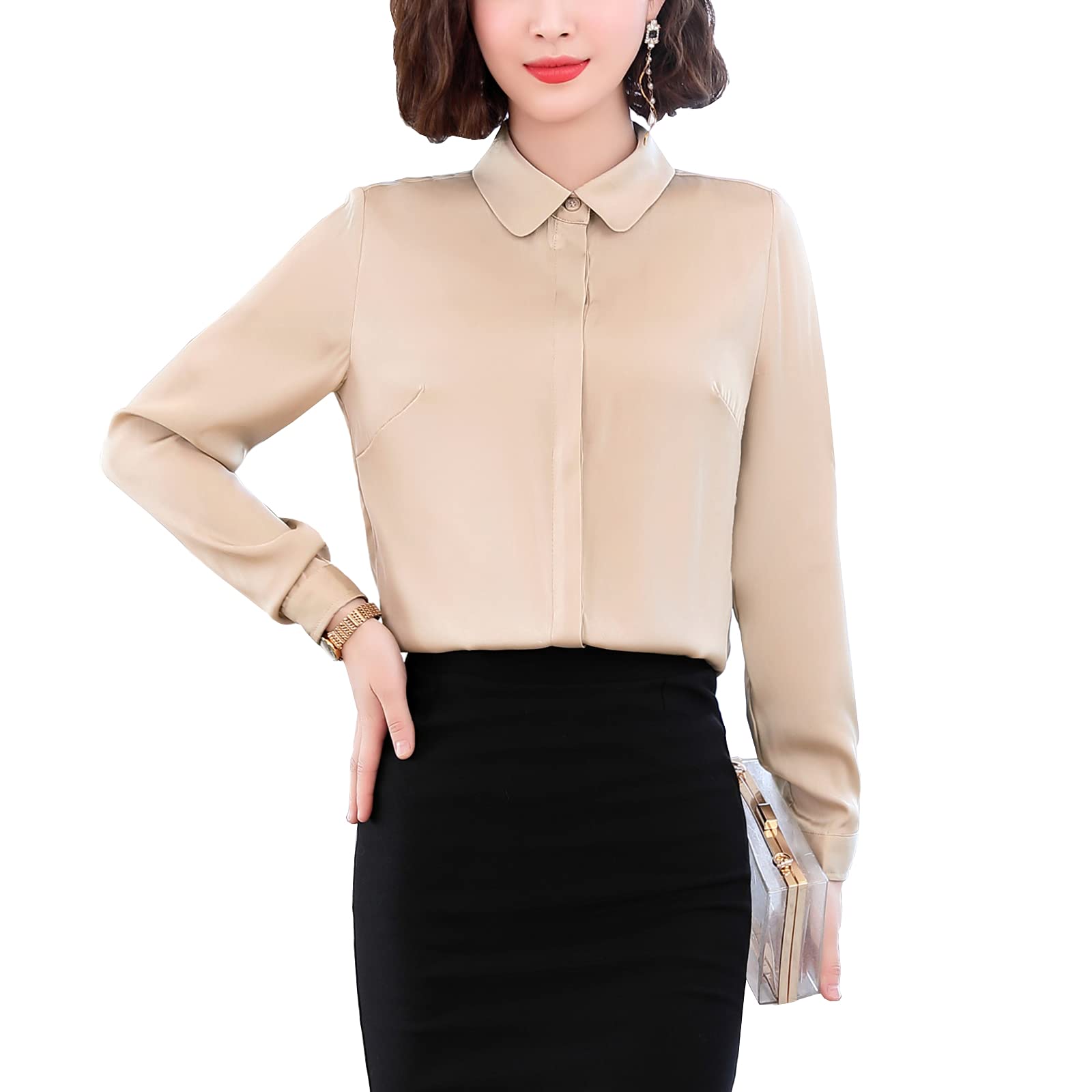 E-girl Blusa de seda para mujer Camisa Sólido Botón Abajo Camisas Blusa de Mujer Manga Larga Solapa Blusa de Seda,S1908