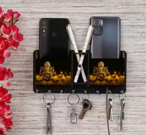 Image of Vintage Collection Wooden Key Holder for Wall, Wall Mounted Key Stand with Hooks, Hanging Rack for Living Room, Office and Door (Golden Ganesh Ji Keyholder)