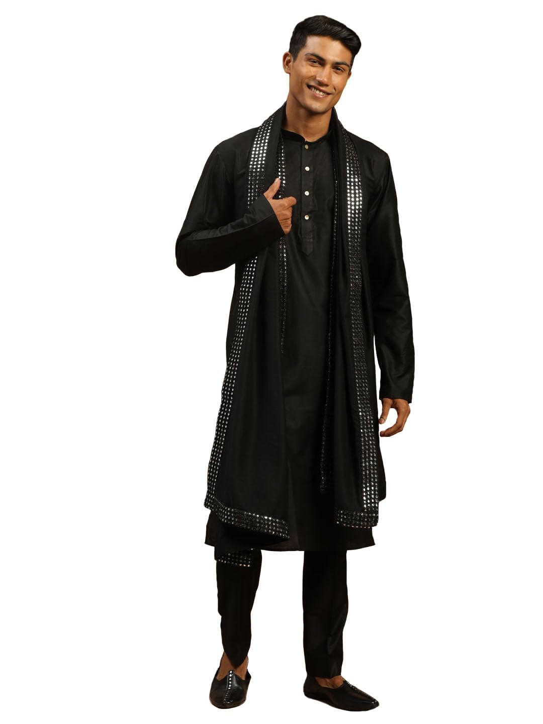 vastramay Men's Viscose Kurta, Pyjama & Dupatta Set | Solid Kurta And Pyjama Set on Fluid Viscose Fabric of Natural Yarn In Cream Color. Comes with Mirror work Dupatta.-picture-54