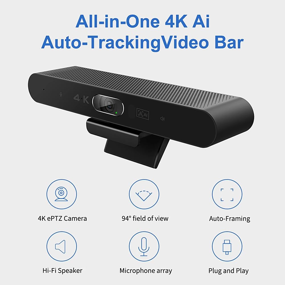 Cámara USB 4K Cámara Web Cámara de Videoconferencia con Micrófono y Altavoz Seguimiento con IA Enfoque Automático Captación de Voz de 360°