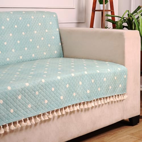 STITCHNEST Quilted Velvet Sofa Cover with Tassels – 24x60 Inch, Pastel Green with White Polka Dots, Soft & Playful, Washable Sofa Protector for 1-Seater