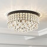 Maxax 4 Lights Crystal Chandelier, Recessed Drum Ceiling Light, Mini Crystal Flush Mount Round Metal Shade Raindrop Chandelier Crystal for Dining Room Living Room Bathroom Bedroom, Black