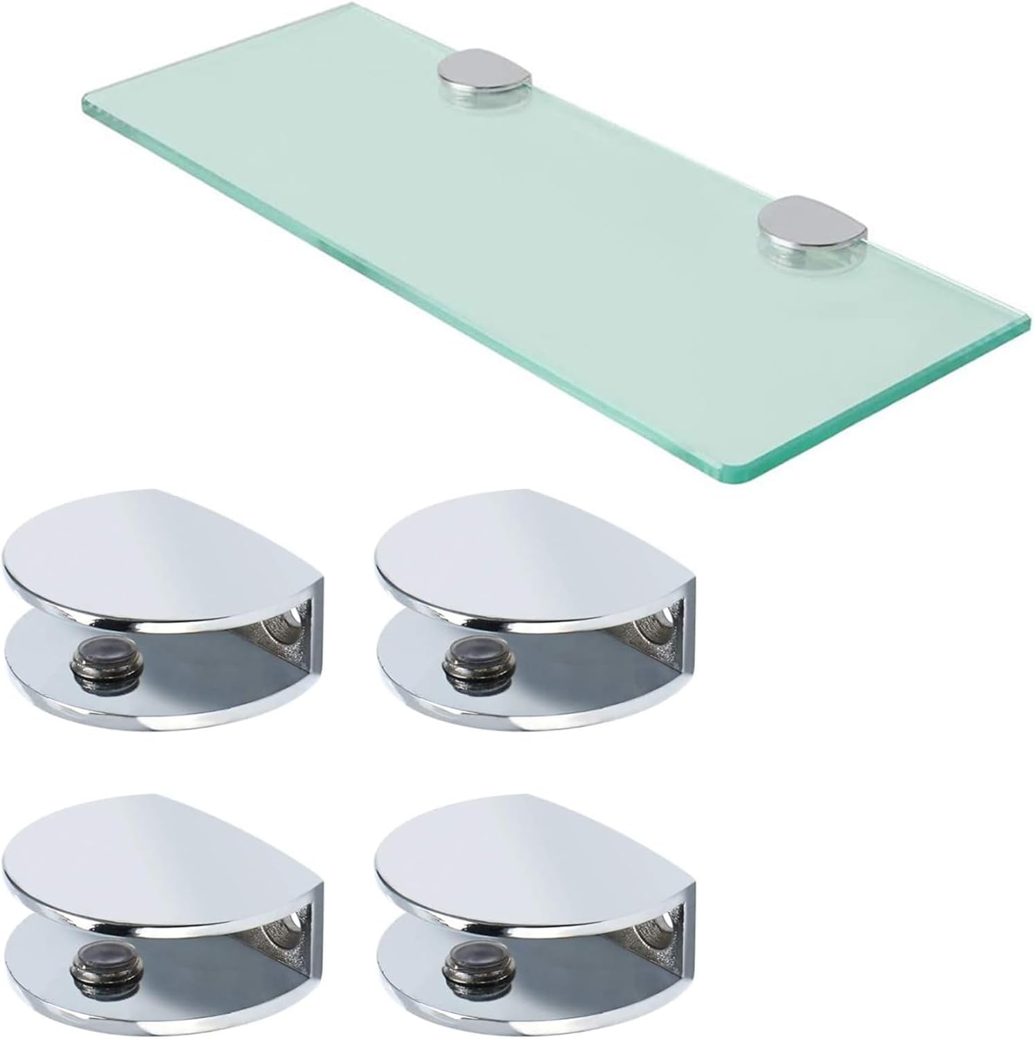 AWEN 4 Pcs Adjustable Frameless Rectangle Glass Shelf Bracket Holder Heavy Duty Clamp Shelf Clip, Polished Chrome