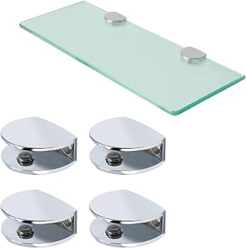 AWEN 4 Pcs Adjustable Frameless Rectangle Glass Shelf Bracket Holder Heavy Duty Clamp Shelf Clip, Polished Chrome