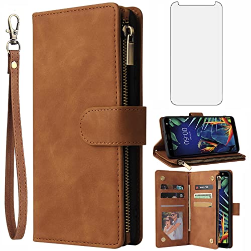 Étui portefeuille pour LG K40 et K12 Plus avec protection écran verre trempé marron