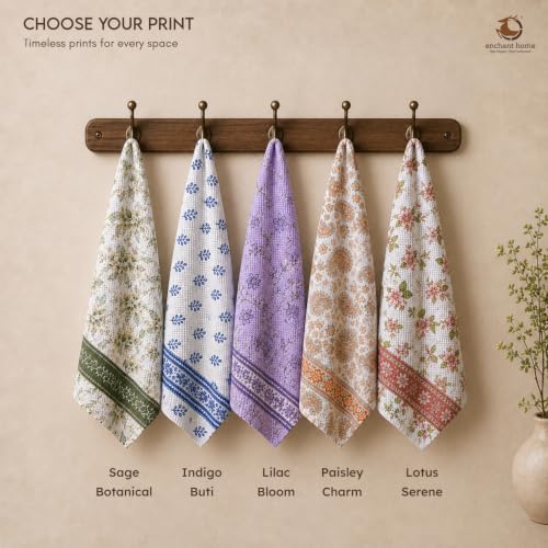 Image of Cotton Rich Printed Waffle Hand Towel | Lightweight | Anti Microbial & Water Absorbent | Soft Touch Quick Drying Towels (Sage Botanical, Pack of 4)