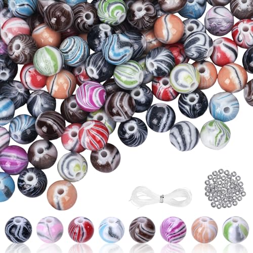 Image of Quefe 500pcs Craft Beads in Ink Patterns for Jewelry Making Beads for Bracelets Making, Acrylic Bulk Beads with 50pcs Spacer Beads and Crystal String (10mm)
