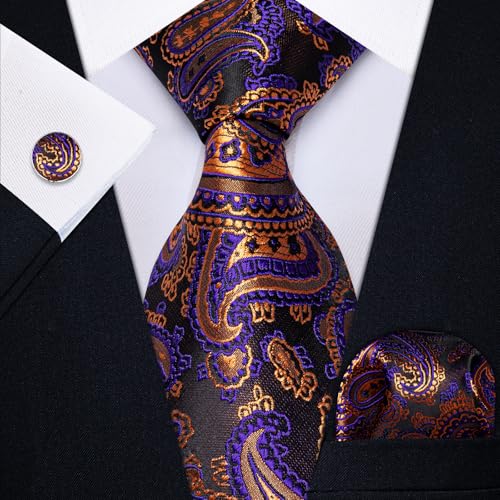 Image of YourTies Silk Paisley Floral Tie and Pocket Square Cufflinks with Lapel Pin Sets for Men 5PC Wedding Party