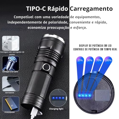 Lanterna Tática Sabre de Luz, Alcance 2 Mil Metros, LED Militar, Zoom Regulável, Recarregável USB, F