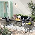 Aoxun 9 Piece Patio Furniture Set with 44” Fire Pit Table, Wicker Outdoor Furniture Set with Storage Box, Patio Sectional Set with Cushions and Waterproof Cover (Grey & Black)