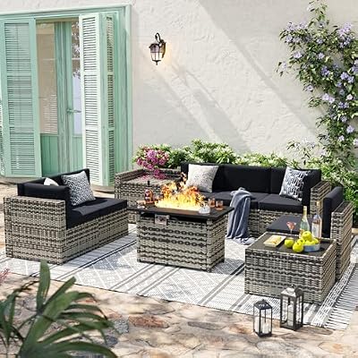 Aoxun 9 Piece Patio Furniture Set with 44” Fire Pit Table, Wicker Outdoor Furniture Set with Storage Box, Patio Sectional Set with Cushions and Waterproof Cover (Grey & Black)