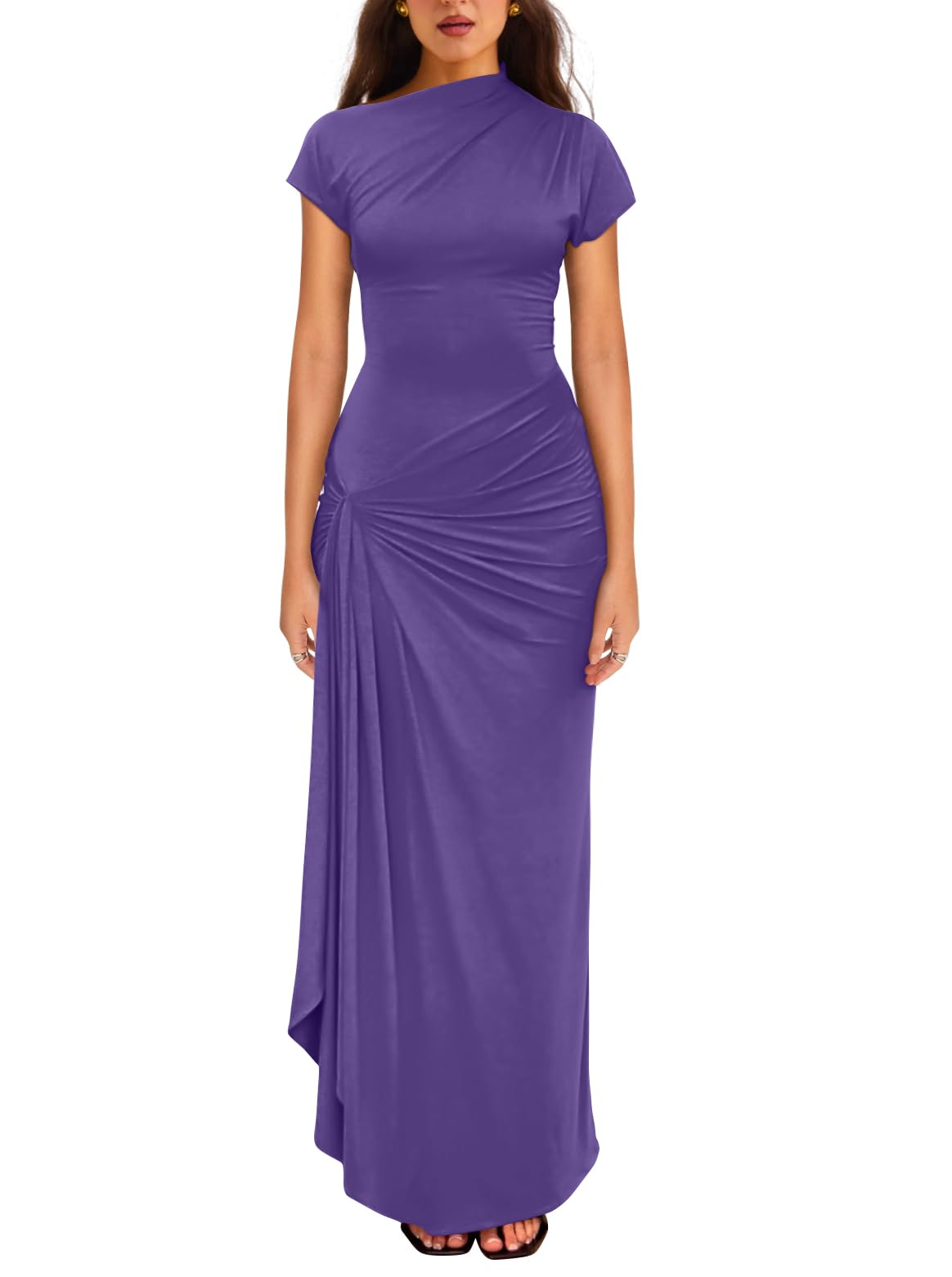 YMDUCH Women's Casual Short Sleeve Boat Neck Ruched High Split Bodycon Long Party Dress