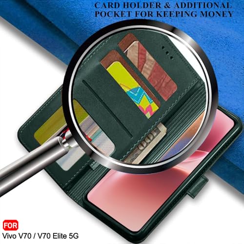 Image of TheGiftKart Genuine Leather Finish Flip Back Cover Case for Vivo V70 5G / V70 Elite 5G | Inbuilt Pockets & Stand | Wallet Style | Designer Button Magnet Flip Back Cover Case (Faux Leather, Green)