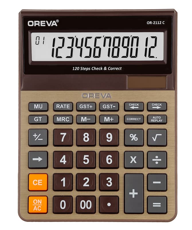 Image of Oreva OR-2112 C Solar & Battery Desktop Calculator with Large Display and Big Sensitive Button | Standard Function Calculator for School, Collage, Home, Office - Copper Brown