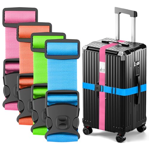 Image of BILIONE Luggage Straps Adjustable Suitcase Belt, Lockable Against Accidental Opening, Easy to Identify Travel Accessories, Add a Bag Connector Holds Suitcase (Blue+Orange+Rose Pink+Green, 4 Pack)
