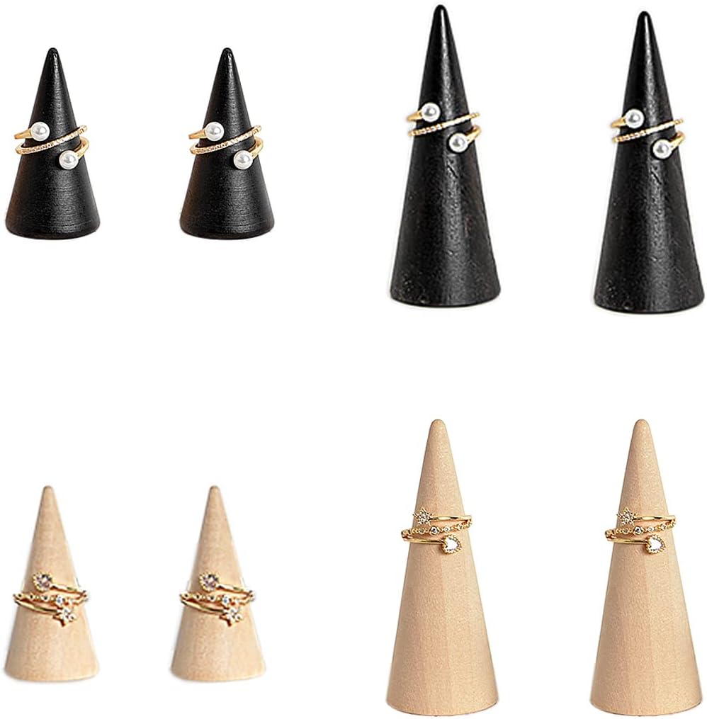GISELA D Wood Cone Ring Holder Finger Jewelry Display Stand DIY Craft Wooden Cone, Costume Ring Cone, Set of 8 (4 Black+4 Wood)