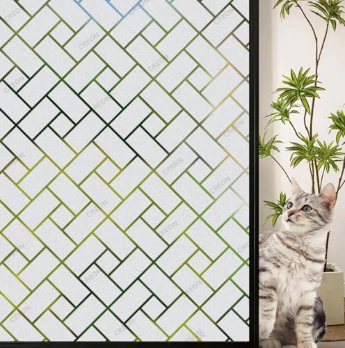 Image of CREON Privacy Window Film, Slanted Rectangle Pattern (24 X 120 Inch) Sun Blocking Window Glass Sticker for Home Office