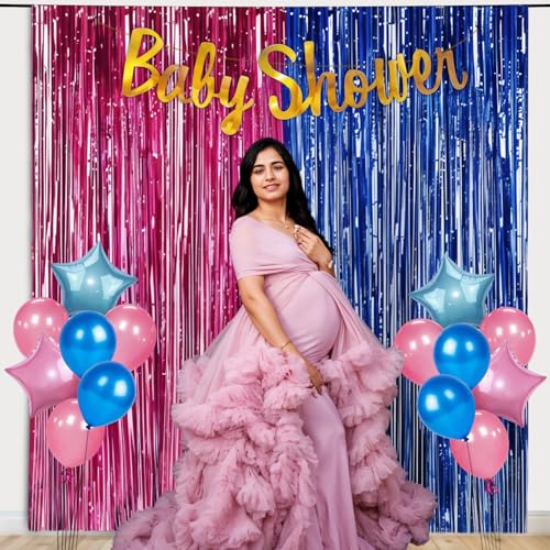 Image of Party Propz Baby Shower Decorations Kit -17 Pcs Mom to Be Decoration Items Set with Golden Baby Shower Balloons, Banner & Foil Curtains, Maternity Props for Photoshoot (Cardstock, Latex, Foil)