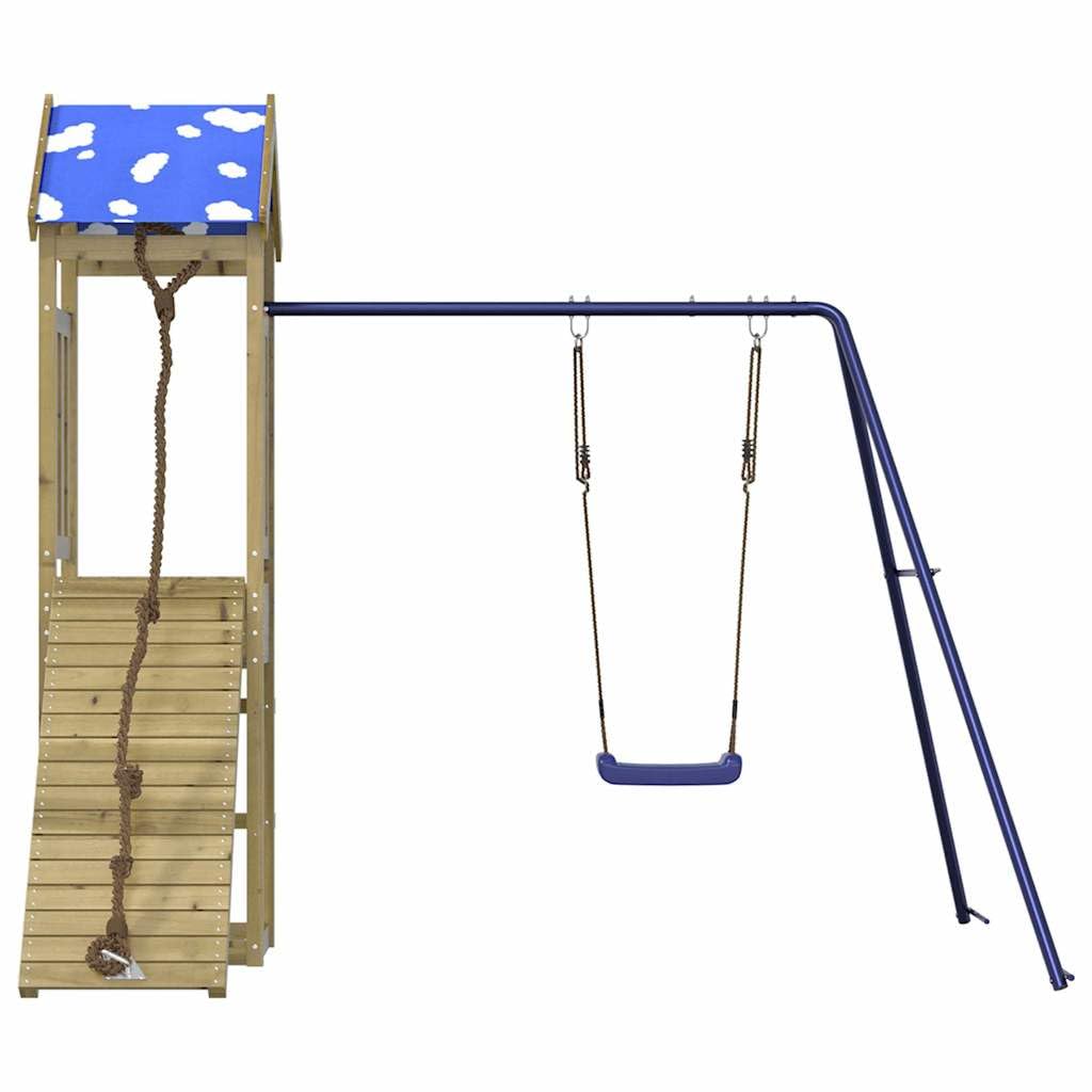 Torre de juegos de madera de pino impregnada con columpio, estructura de escalada, caja de arena y tobogán, casa de juegos al aire libre para niños en el jardín, resistente estructura de