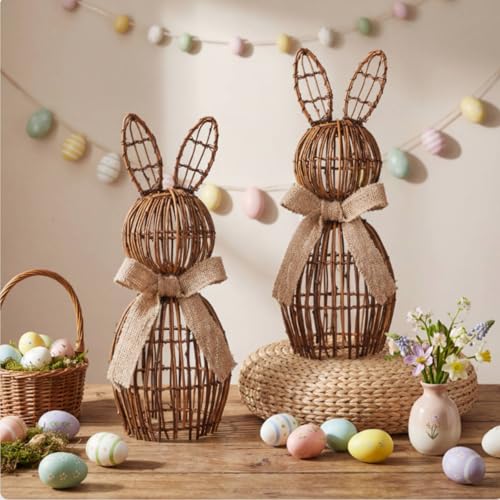 Weysat 2 Pcs Artificial Wicker Rattan Easter Bunny Decorations for