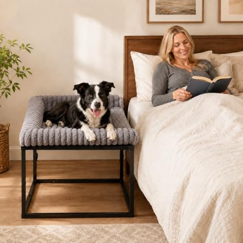 Adjustable Bedside Dog Bed for Medium Dogs Elevated Co-Sleeper Dog Bed with Reinforced Metal Frame Thick Supportive Cushion Mattress & Washable Cover Dog Bedside Sleeper for Dogs & Cats