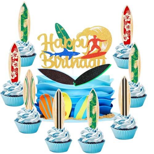 YUEcthynous Lot de 21 décorations de gâteau d'été pour plage, planche de surf, cupcake, planche de surf, décoration de gâteau pour piscine, plage, anniversaire, fête prénatale, accessoires de fête