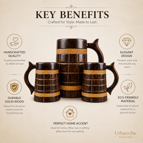 Image of Wooden Beer Bar Combo Set | Barrel Shaped Jumbo Mug | 2 Small Beer Mug 300ML (5 x 4 inches Each) & 1 Large Beer Jug 750ML | Barfi Design