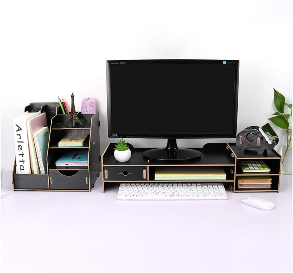 Desk Monitor Stand Riser with Storage Organizer Box with Drawers and Mobile Phone Holder,Laptop Stand Riser with Keyboard Storage Space and Desktop File Shelf (Black)