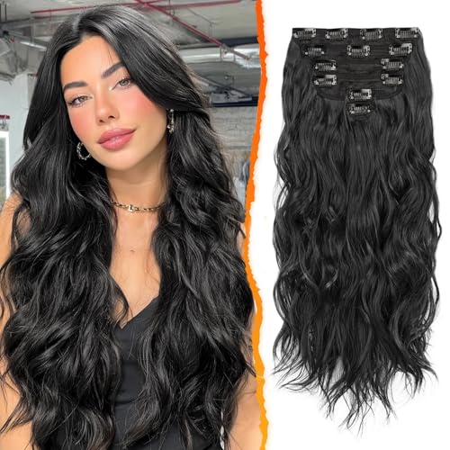 BARSDAR Clip en Negro Extensiones de Cabello para Mujer, 50cm Largo Ondulado Extensión de Pelo Clip en 6 Piezas Rizado Natural Sintética Postizos Fiesta Diaria (Natural Negro)
