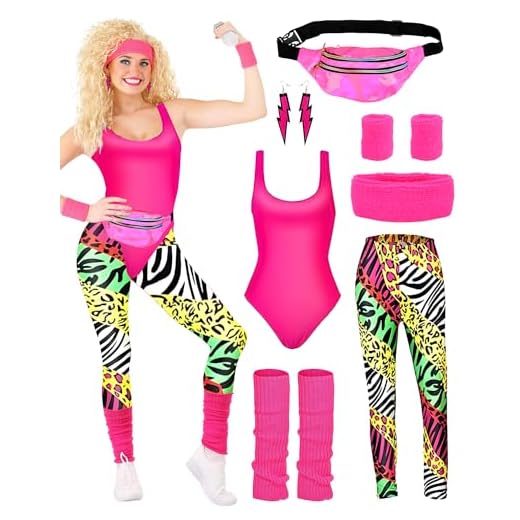 BIQIQI Disfraz Años 80 Mujer Disfraz Chándal años 80 Leotardo Legging Diadema Muñequeras Calentadores de piernas Pendientes Fanny Pack Traje de leotardo de los 80 para los años 80 y 90