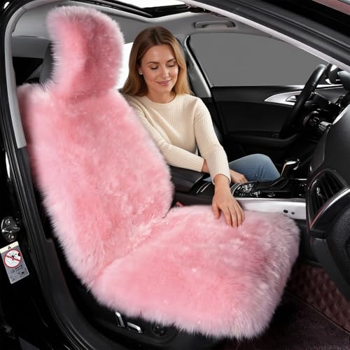 Image of 2 Pack Pink Fluffy Sheepskin Car Seat Covers for Soft Auto Fur Pet Cushion