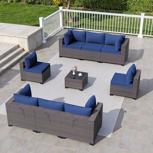 Image of 9 Pieces Outdoor Sectional Furniture All Weather PE Rattan Wicker Patio Conversation Set with Coffee Table and 8 Thickened Cushions,Navy Blue