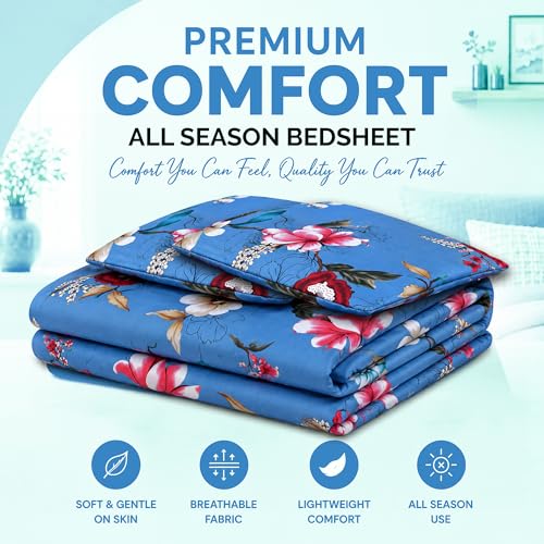 Image of DECORUM Glace Cotton Fitted 1 Bedsheet King Size (72 inchx78 inch) | All Around Elastic | Cotton Feel | 2 Pillow Covers (17 inchx27 inch) | Fits Up to 8 inch Mattress | 200-220 TC | Printed Double Bed Sheet Set