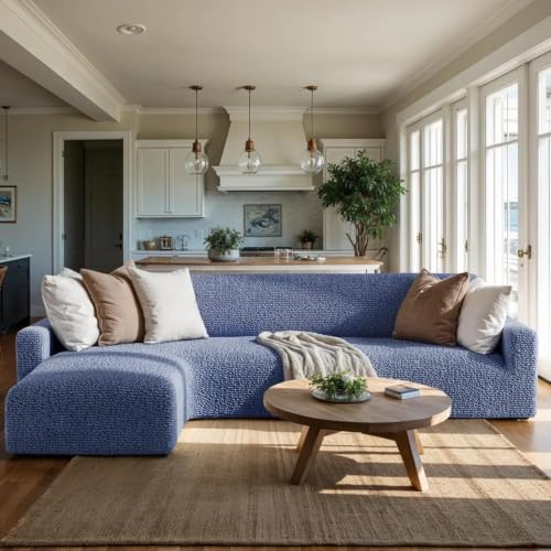 Image of Bellissima Sofa Covers - Premium Luxury Microfibra Plain Stretchable Sofa Cover Fully Covered Slipcover, Imported from Italy (ASH Blue, L Shape Left-UN)