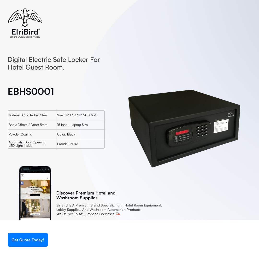 Caja Fuerte Hotel Electrónica con Apertura Automática de Puerta, Teclado Digital & Tamaño para Portátil 15 Pulgadas - Caja de Seguridad Premium Negra para Hoteles, Oficinas & Uso Personal