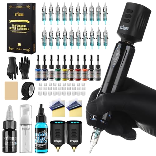 STIGMA Wireless Tattoo Gun Kit Rotary Pen Machine Kit with 2 Batteries 11 Tattoo inks 20 Cartridge Needles Transfer Paper Tattoo Supplies forArtists & Beginners ST-TKP101AUK-3