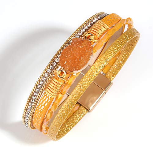 Fancy Shiny Leather Wrap Bracelet Boho Cuff Bracelets Crystal Bead Bracelet With Clasp Jewelry Gifts For Women Teen Girls(7.7", Orange) #TOP3