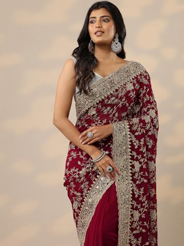 Image of Libas Embellished Georgette Saree for Women With Unstitched Blouse Piece | Traditional Saree for Festive & Wedding