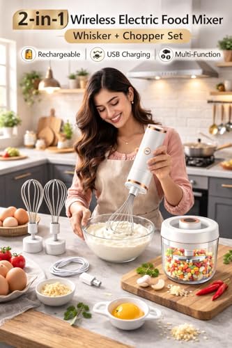Image of Vasukie 2-in-1 Wireless Electric Hand Mixer & Vegetable Chopper, Egg Beater with Whisk Attachment, Portable Mini Food Processor for Cream, Egg, Garlic & Vegetable Chopping