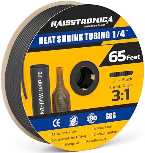 haisstronica 3:1 Heat Shrink Tubing, Shrink Ratio Adhesive Lined Marine Grade Heat Shrink Tube for Home, Automotive and Industrial (Black) 65FT 1/4inch