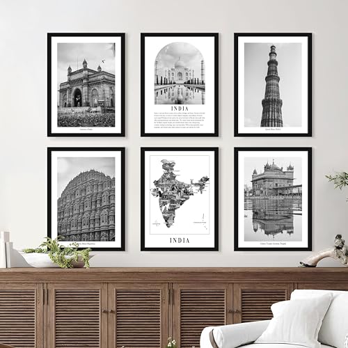 Image of PAINTINGMANTRA Framed Painting A3 Indian Gallery Wall Art Prints Pack of 6, Framed Poster Heritage Wall D cor, Historic Monuments, Vintage Photography, for Living Room Bedroom Decoration (32x44 cm)