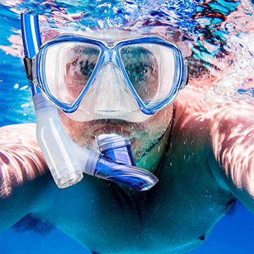 Dorlle Schnorchelset Schnorcheln Set mit Schnorchel und Taucherbrille，wasserdichte Tauchmaske Anti-Fog Anti-Leck aus Gehärtetem Glas，mit 3-Kanal Premium Dry Schnorchel für Erwachsene,Klar/blau