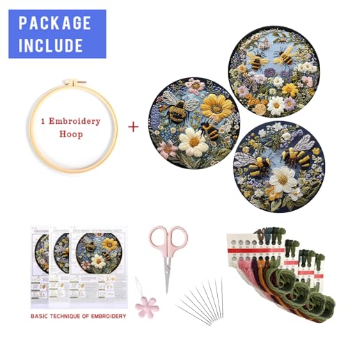 Image of EOBTAIN 3 Pcs Bee Floral Embroidery Kit for Beginners,Yellow Flower Embroidery Kits for Adults, Wildflower Plant Embroidery Starter Kit with Pattern,Hoop,Thread,Needles,Hand DIY Craft Kits for Adults