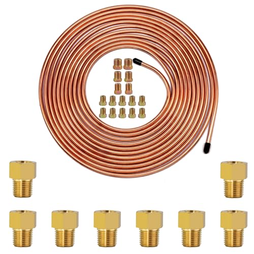 MuHize 8Pcs 1/8" NPT to 3/8-24" Adapter Brake Line Inverted Flare Fittings & 25 Ft. of 3/16 Brake Line Tubing Kit