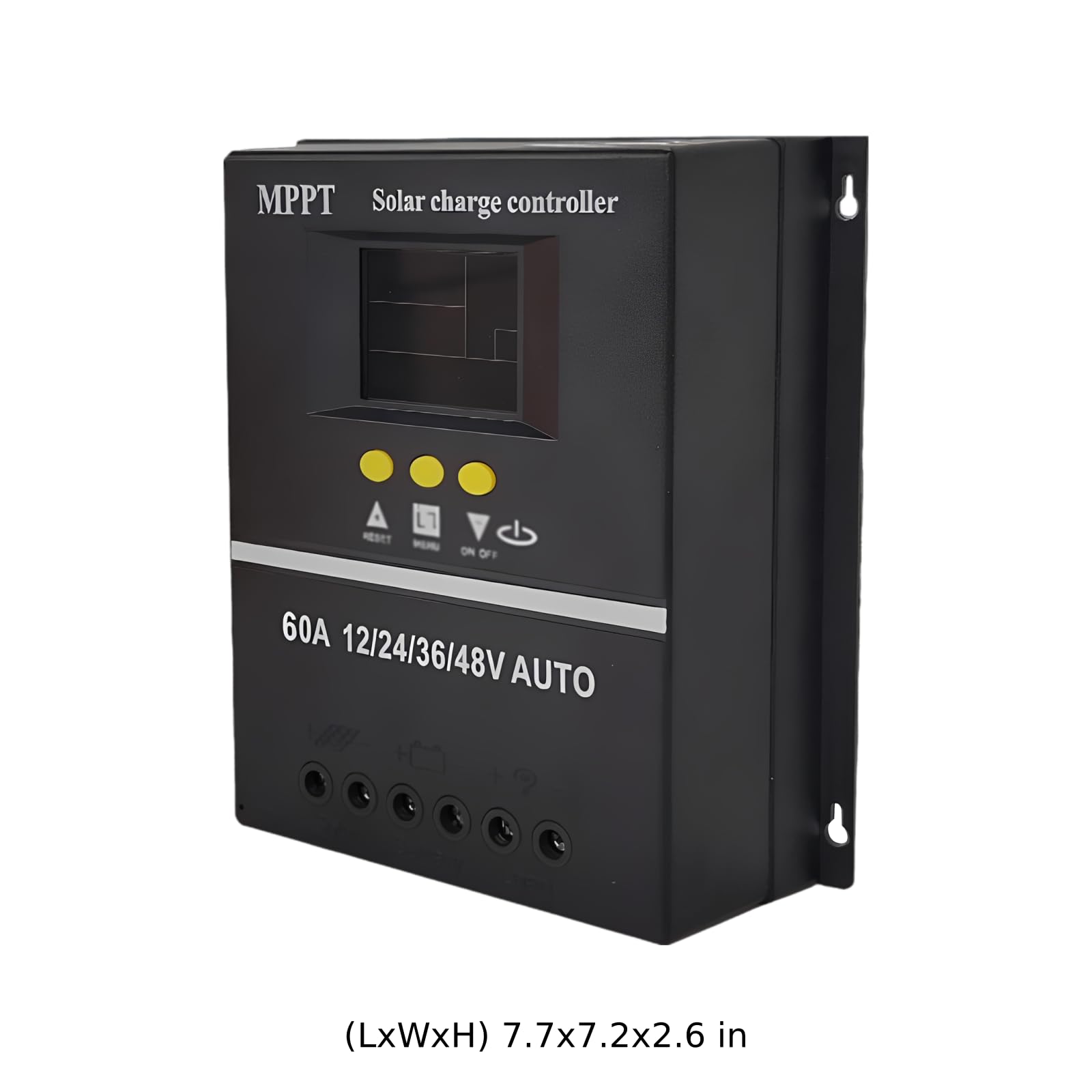 Regolatore di carica solare Maximum Power Point Tracking 60 A, auto 12 V 24 V 36 V 48 V, display LCD, diverse funzioni di protezione, alloggiamento in metallo nero, regolatore compatto 19,5 x 18,2 x