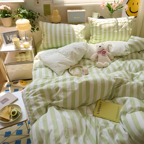 Image of EAVD Retro Green and White Striped Duvet Cover Full Soft Washed Microfiber Boho Vertical Striped Bedding Set with 2 Pillowcases Farmhouse Green Geometric Comforter Cover with Zipper Closure