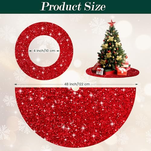 Christmas Tree Skirt, 48 Inches Large Red Christmas Tree Skirts for Tabletop Tree, Sequin Xmas Tree Skirt Round Sparkly Glitter Tree Skirt for Christmas Decorations Indoor Home Decor Outdoor Tree Mat