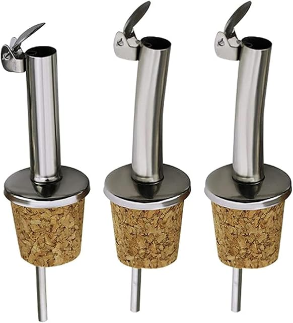 NA 3 Pcs Stainless Steel Cork Olive Oil Pourers Oil Bottle Spouts Vinegar Dispenser with Hinged Flip Top Cap for Wine, Syrup, Liquor